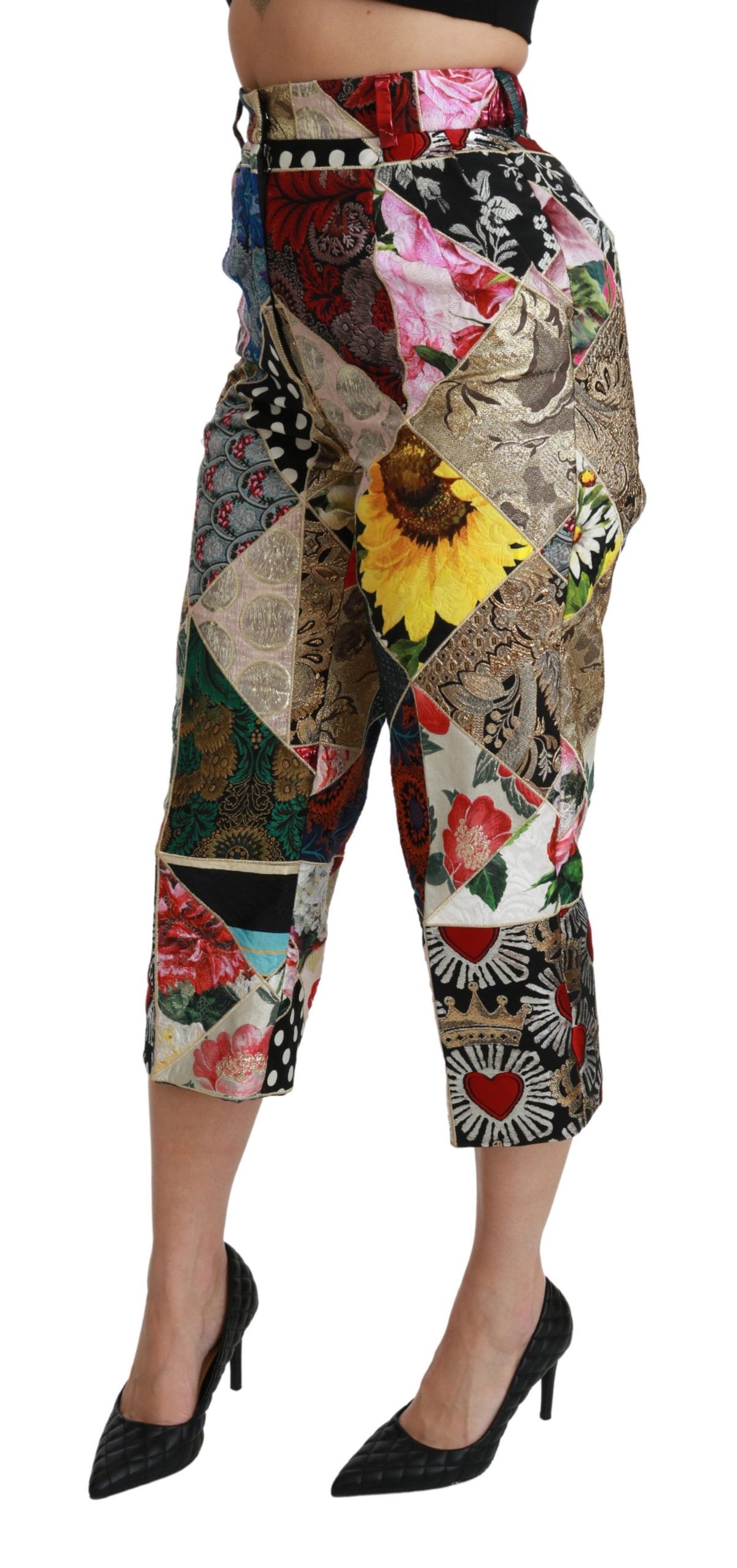 Silk Multicolor Print High Waist Cropped Pants