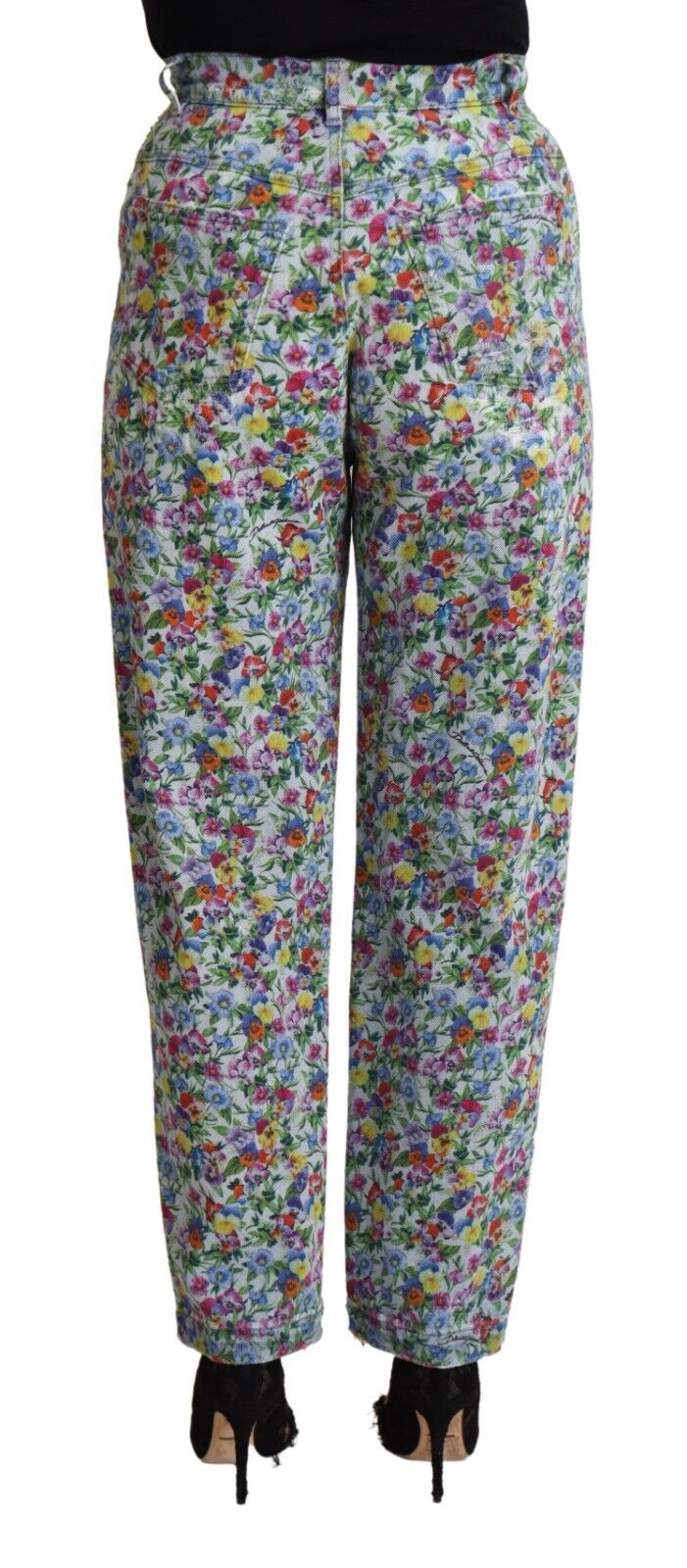Blue Floral Print High Waist Denim Tapered Jeans