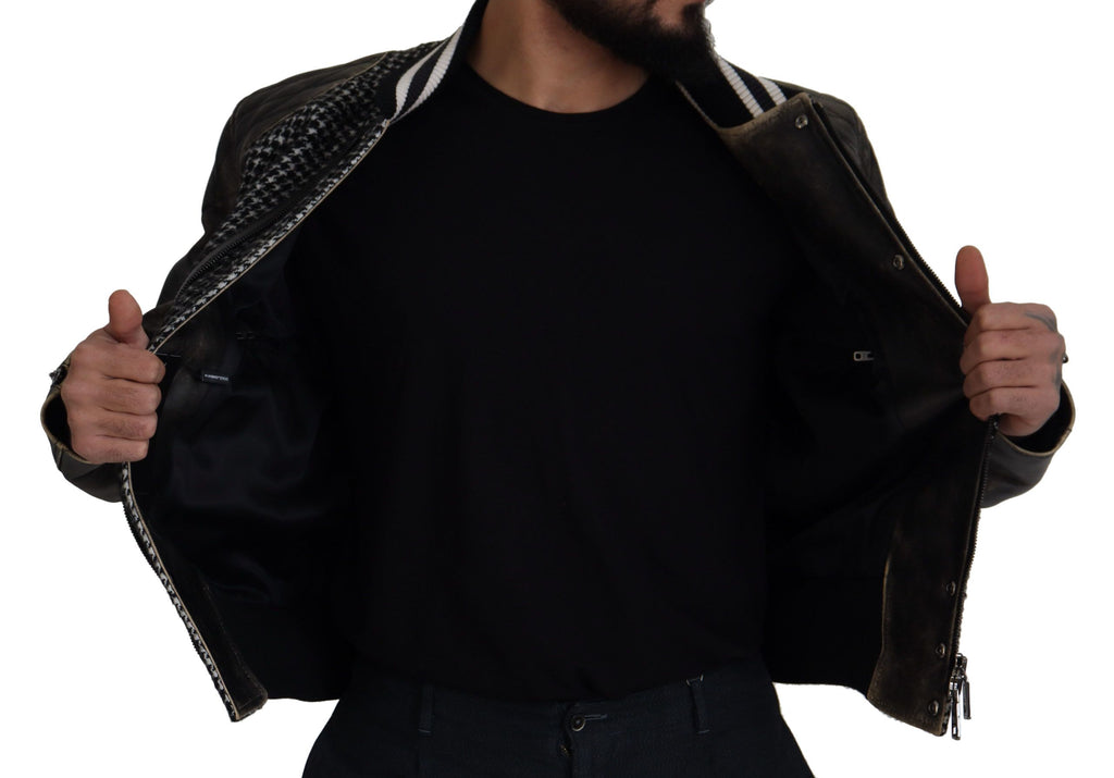 Dark Gray Houndstooth Polyester Bomber Jacket