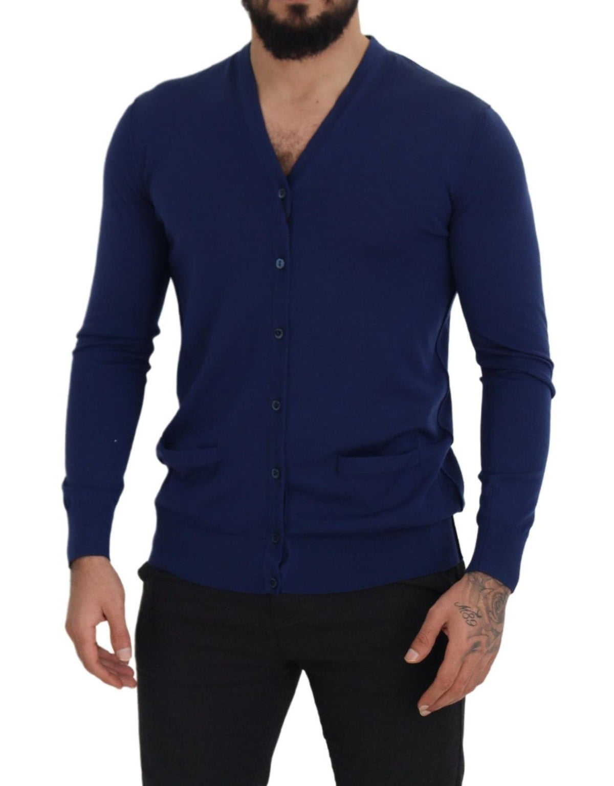 Blue Wool V-neck Button Down Cardigan Sweater