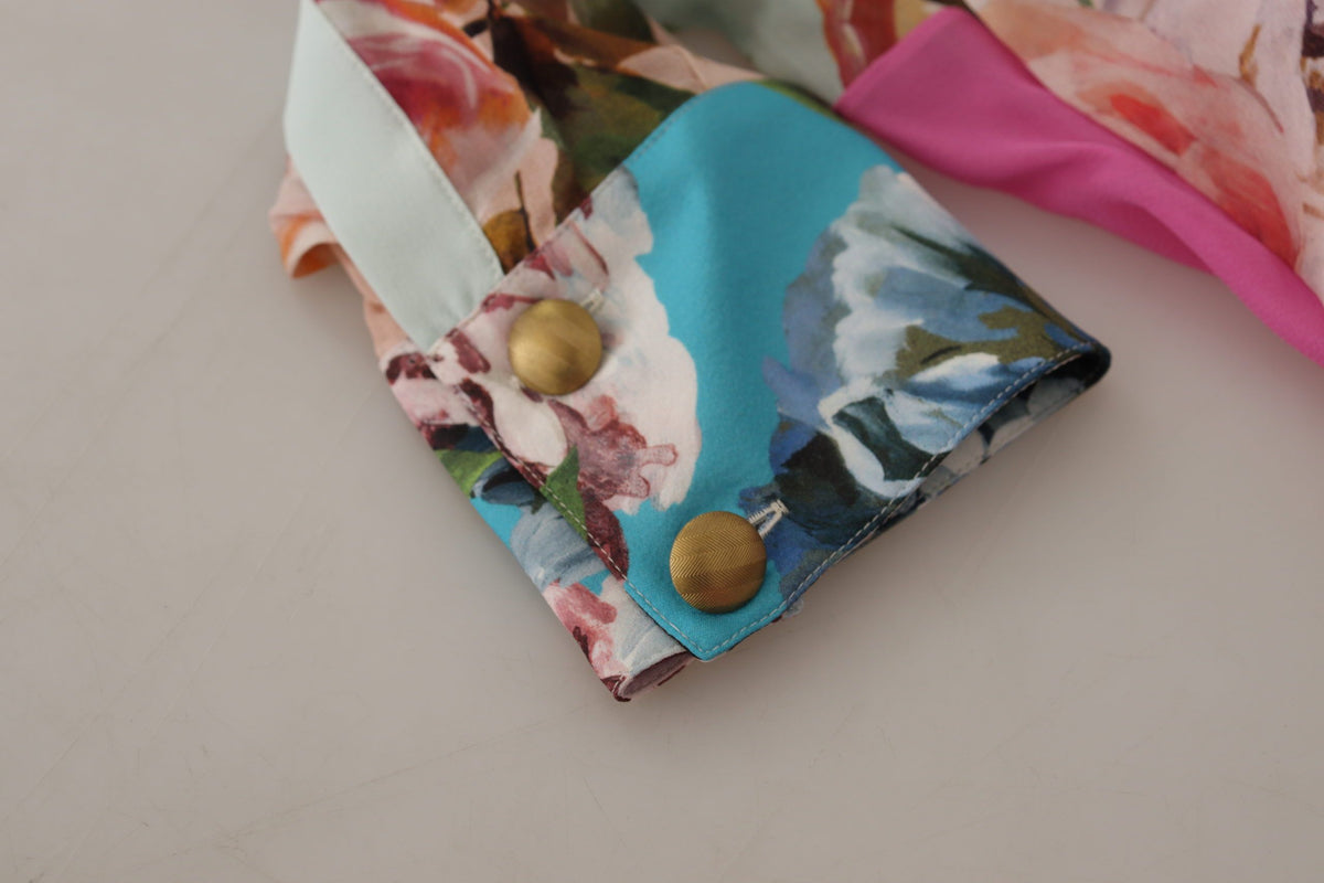 Multicolor  Floral Patchwork Design Ascot Collar Top Blouse