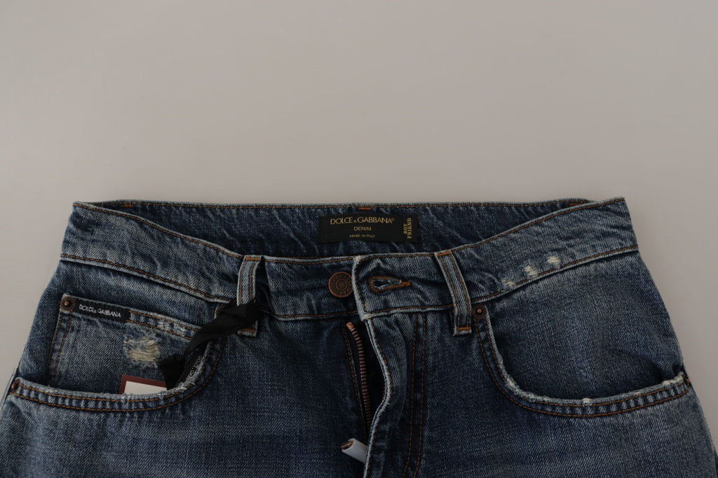 Blue Denim Baroque Heart Logo Patch Pants Jeans