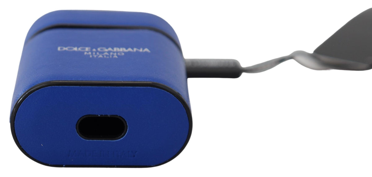 Blue Leather Silver Metal Logo Airpods Case