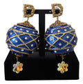 Gold Brass Blue Dangle Ball Crystal Clip On Earrings