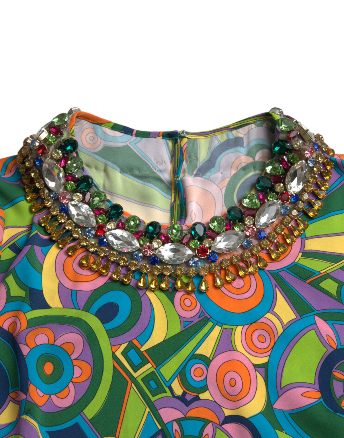 Multicolor Geometric Print Silk Crystals Midi Dress