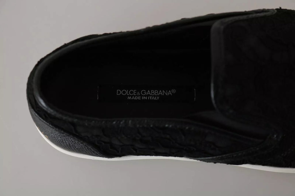 Black Lace Leather Logo Flat Slip-On Sneakers