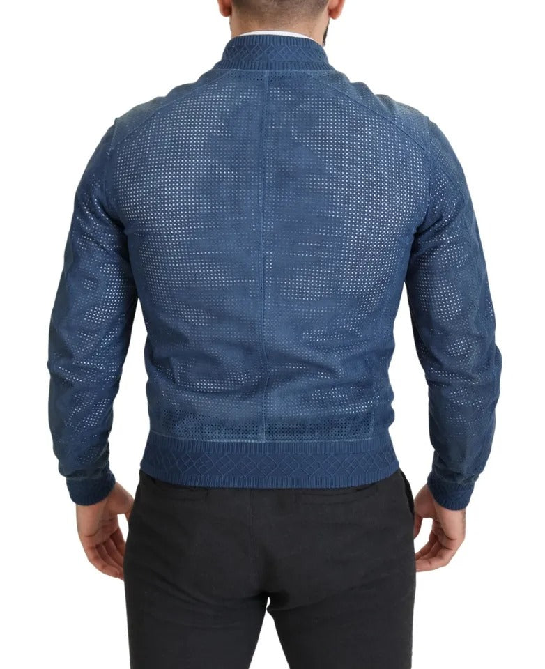Blue Leather Perforated Full Zip Jacket