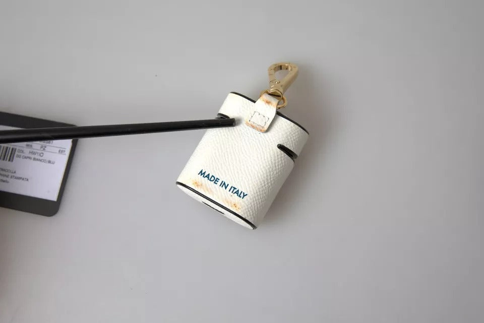 White Blue Calf Leather Logo Print Strap Airpods Case