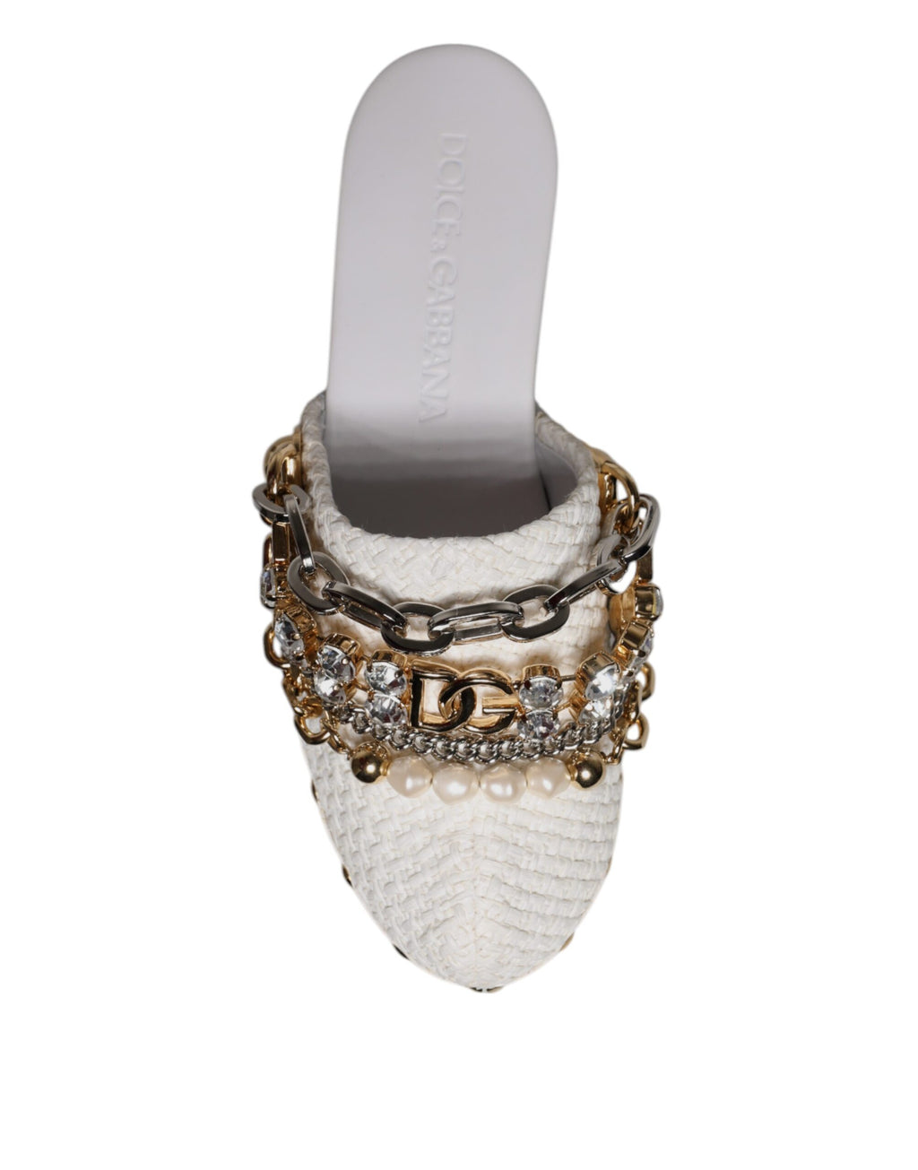 White Raffia Clogs Bejeweled Chain Sandals Shoes