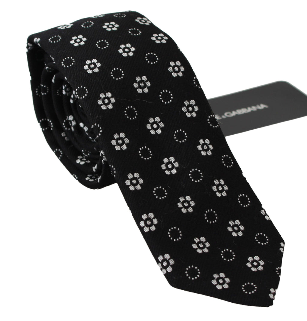Dark Gray 100% Silk Floral Print Print Classic Tie